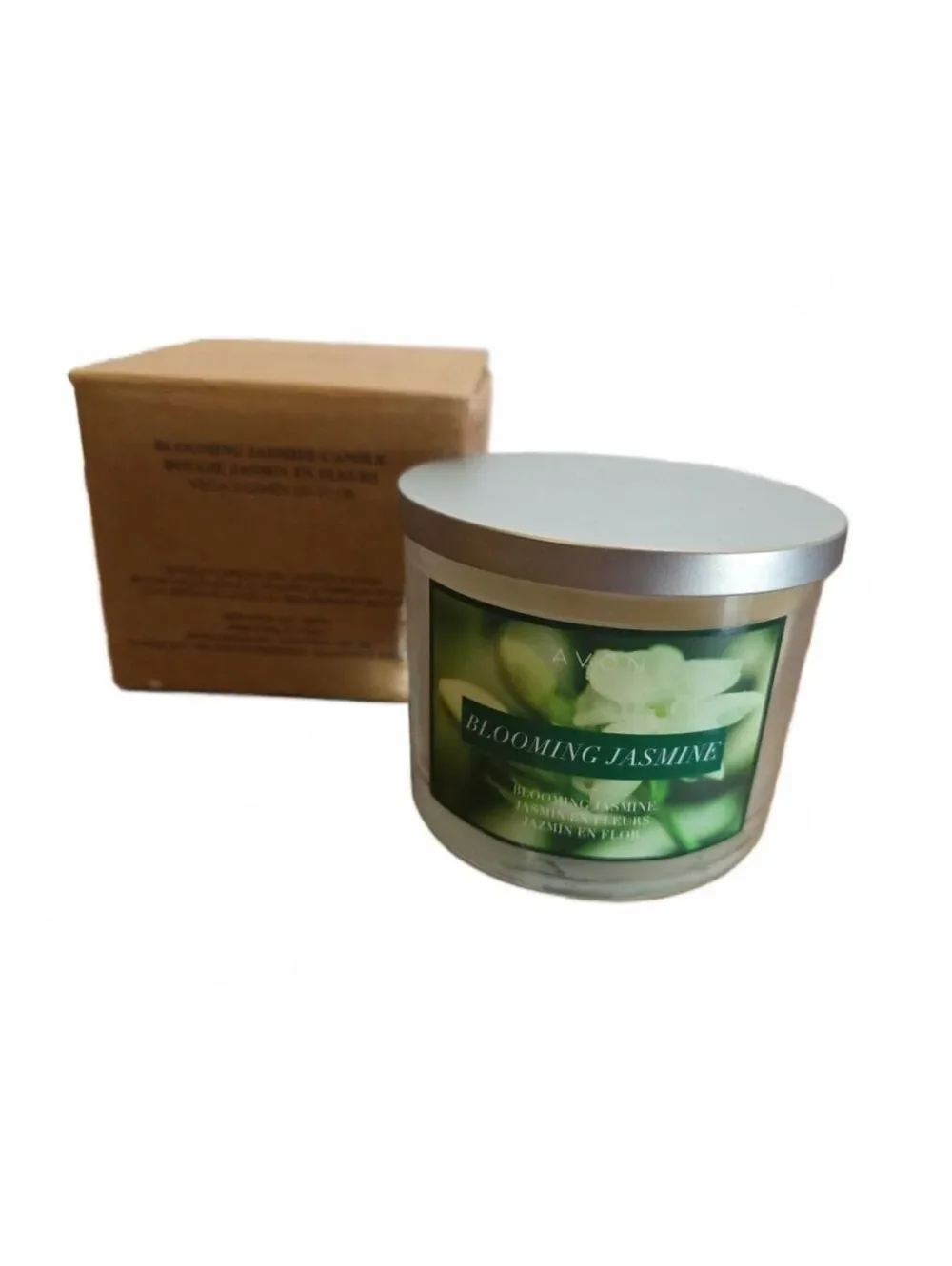 Avon Blooming Jasmine Scented 3 Wick Candle New W/ Lid & Box